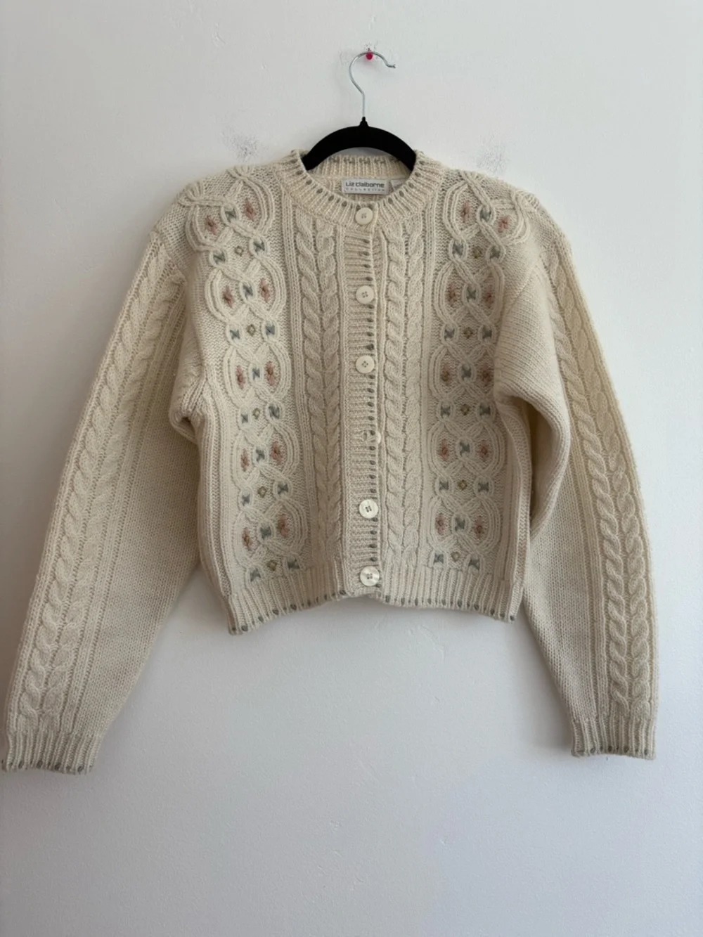 Vintage Liz Claiborne Wool Blend Floral Cardigan Button Up Cottage Embroidered - Picture 1 of 9